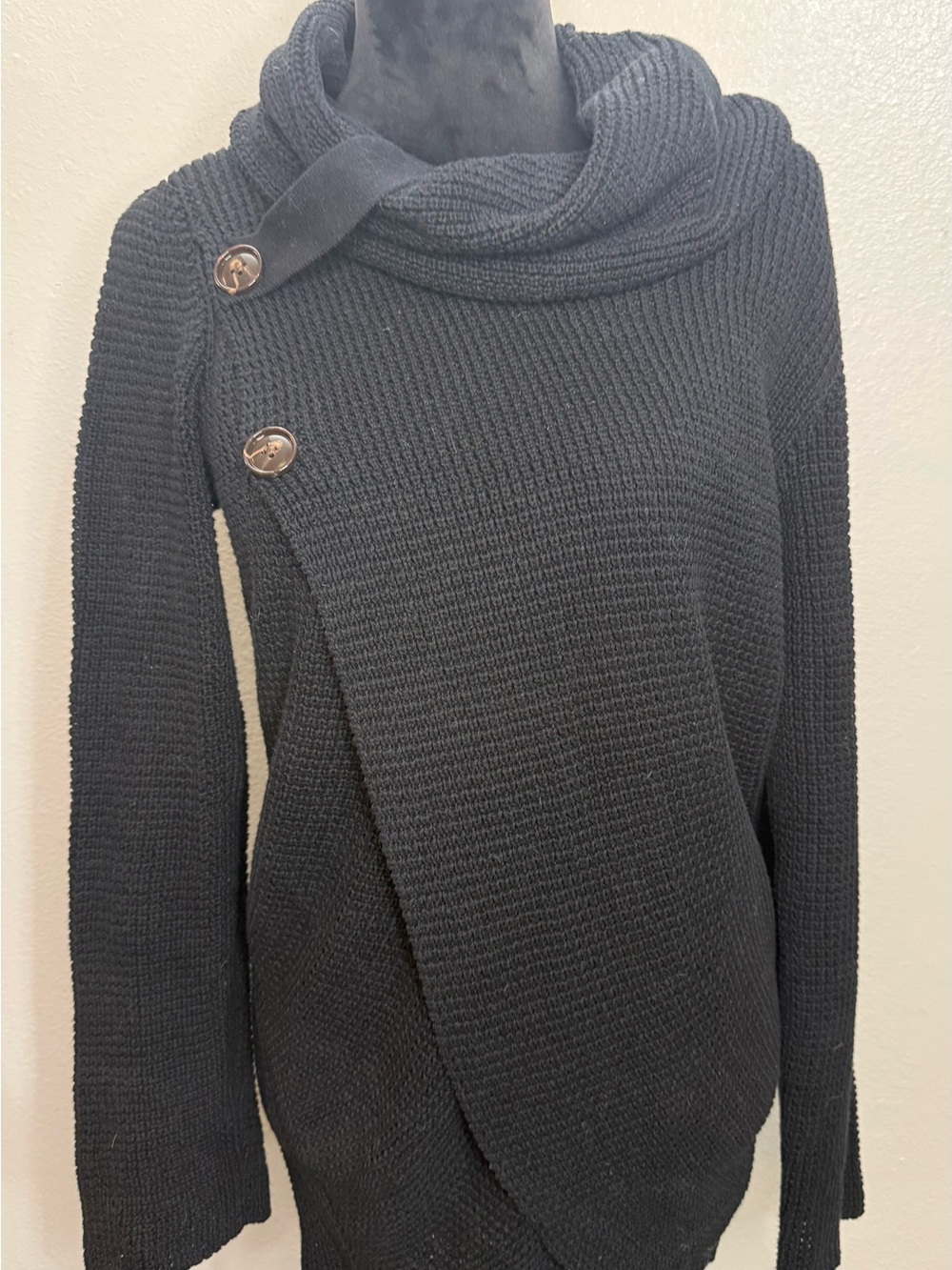 Women’s Black Knit Asymmetrical Button Sweater